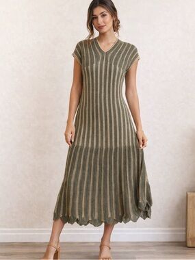 Floris Italy Knit Mini Dress Olive Beige Stripe Cap Sleeve S/M NWT Beach coverup